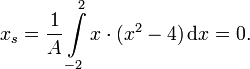 x_s = \frac 1A\int\limits_{-2}^2 x\cdot (x^2-4)\,\mathrm dx = 0.