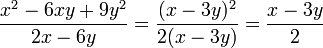 \frac{x^2-6xy+9y^2}{2x-6y} = \frac{(x-3y)^2}{2(x-3y)} = \frac{x-3y}{2}