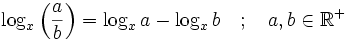 \log_x \left(\frac {a} {b} \right) = \log_x a - \log_x b \quad; \quad a, b \in \mathbb{R}^+