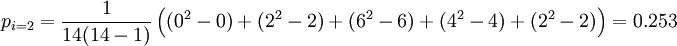 p_{i=2} = \frac{1}{14(14 - 1)} \left((0^2-0)+(2^2-2)+(6^2-6)+(4^2-4)+(2^2-2)\right)
 = 0.253