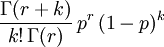  \frac{\Gamma(r+k)}{k!\,\Gamma(r)}\,p^r\,(1-p)^k 