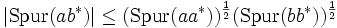 \vert\mathrm{Spur}(ab^*)\vert\leq(\mathrm{Spur}(aa^*))^{\frac{1}{2}}(\mathrm{Spur}(bb^*))^{\frac{1}{2}}