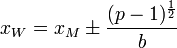 x_W=x_M\pm \frac{(p-1)^\frac12}{b}