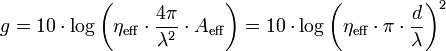 
g = 10 \cdot \log \left(\eta_\mathrm{eff} \cdot \frac{4\pi}{\lambda^2}\cdot A_\mathrm{eff} \right) = 10 \cdot \log \left( \eta_\mathrm{eff} \cdot \pi \cdot \frac{d}{\lambda} \right)^2
