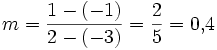 m = \frac{1-(-1)}{2-(-3)} = \frac{2}{5} = 0{,}4