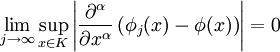 
\lim_{j \rightarrow \infty} \sup_{x\in K} 
\left|
\frac{\partial^\alpha}{\partial x^\alpha} 
\left( \phi_j (x) - \phi(x) \right)
\right| = 0
