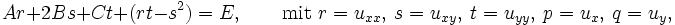
   Ar + 2Bs + Ct + (rt - s^2) = E,
   \qquad \mbox{mit } r=u_{xx},\ s=u_{xy},\ t=u_{yy},\ p=u_x,\ q=u_y,
   