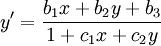 y' = \frac{b_{1}x + b_{2}y + b_{3}}{1 + c_{1}x + c_{2}y}