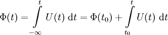 \Phi(t) = \int\limits_{-\infty}^{t} U(t)\ \mathrm{d}t = \Phi(t_0) + \int\limits_{t_0}^{t} U(t)\ \mathrm{d}t